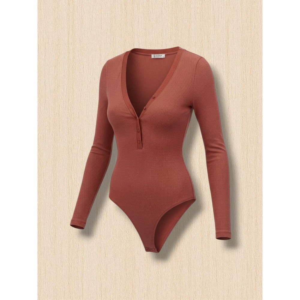 Free People Such a Softie Ribbed Henley‎ Long Sleeve Bodysuit Rust S